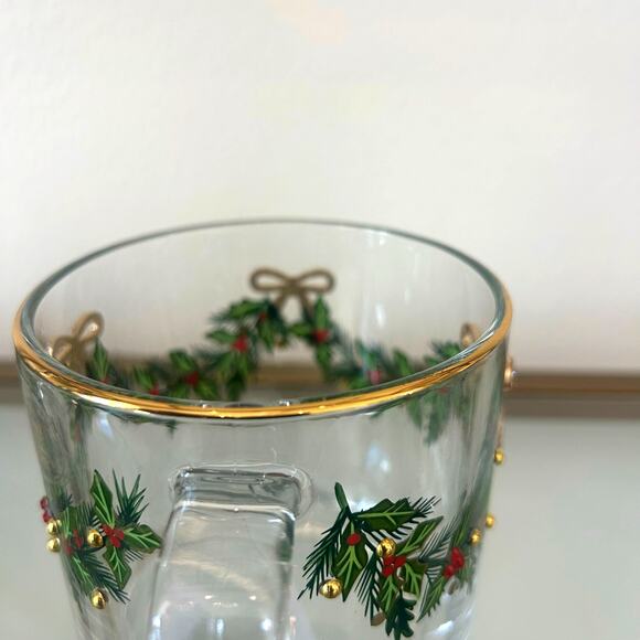 Hand Painted & Jeweled Thick Glass Mug Set of 2 Coquette Christmas Holly & Bows - Picture 6 of 16